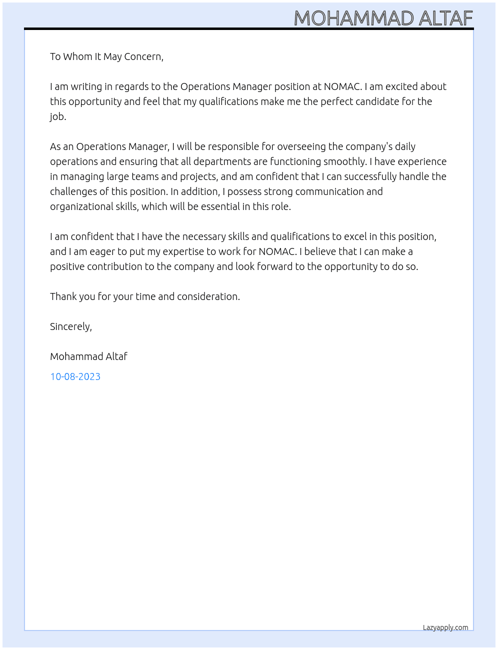 Operation Manager At NOMAC Cover Letter