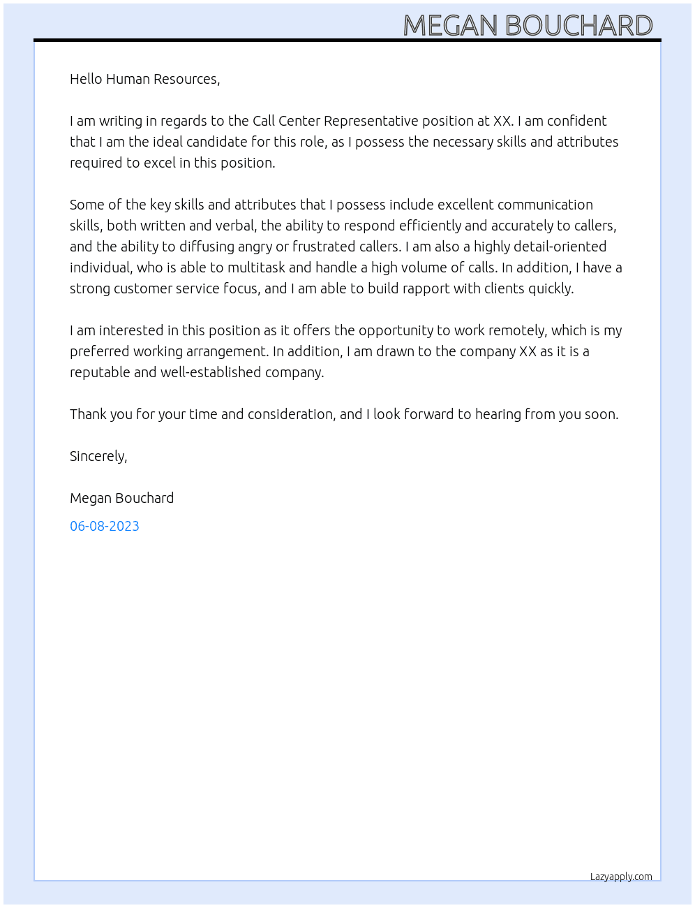 Call Center Representative  At XX Cover Letter