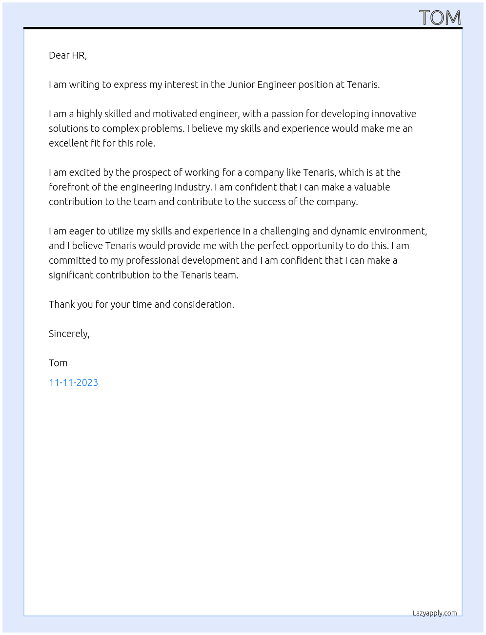 Junior Engineer At Tenaris Cover Letter