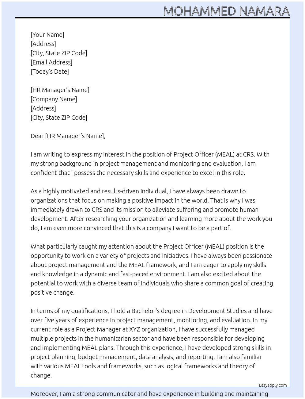  Project Officer (MEAL) At CRS Cover Letter