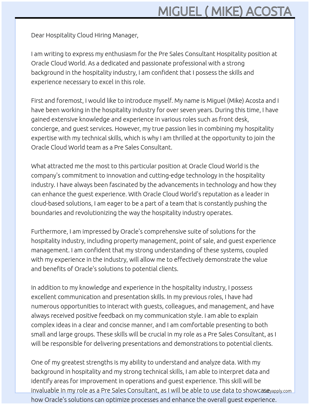 Pre Sales Consultatant Hospitality  At Oracle Cloud World Cover Letter