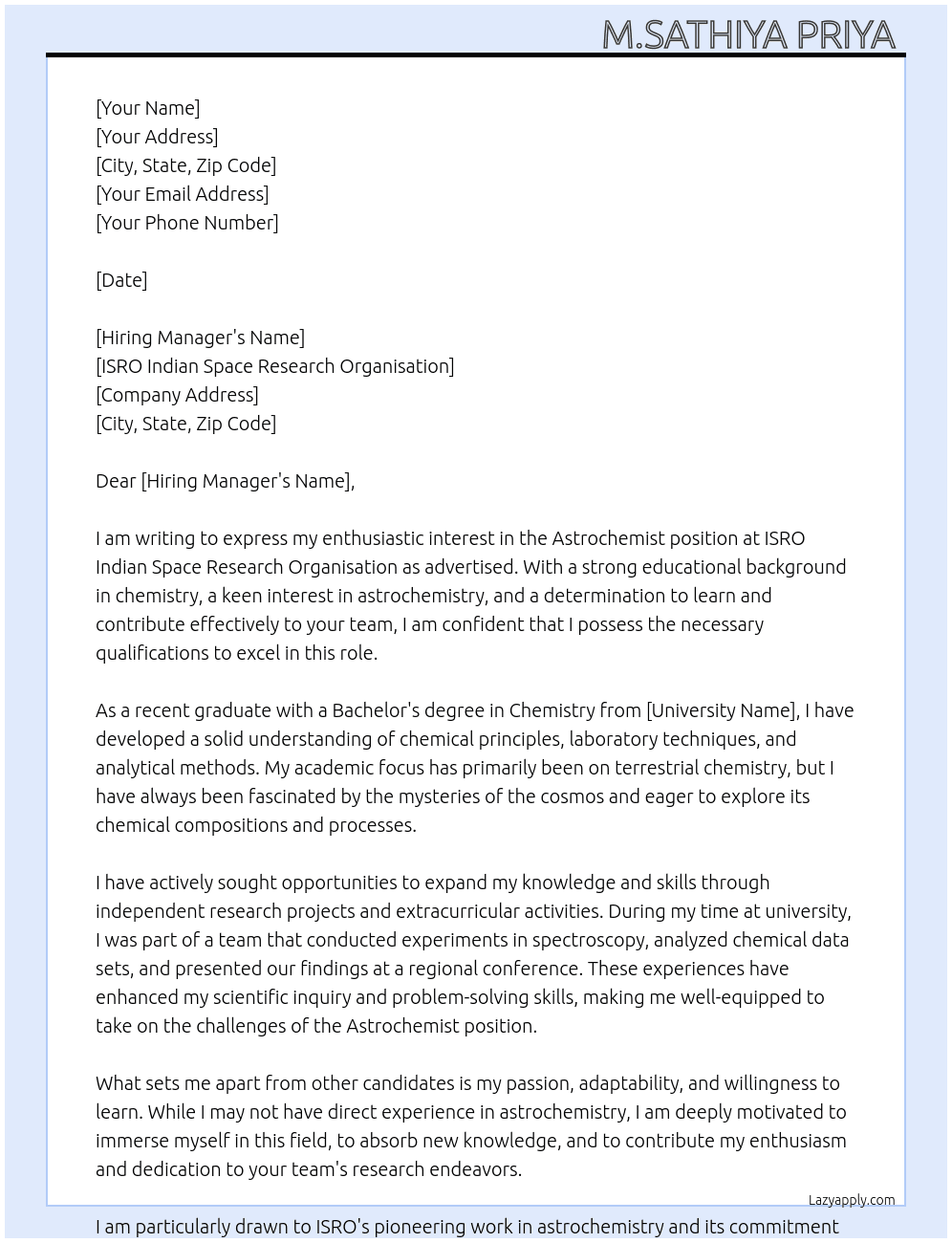 Astro chemist  At ISRO Indian space research organisation  Cover Letter