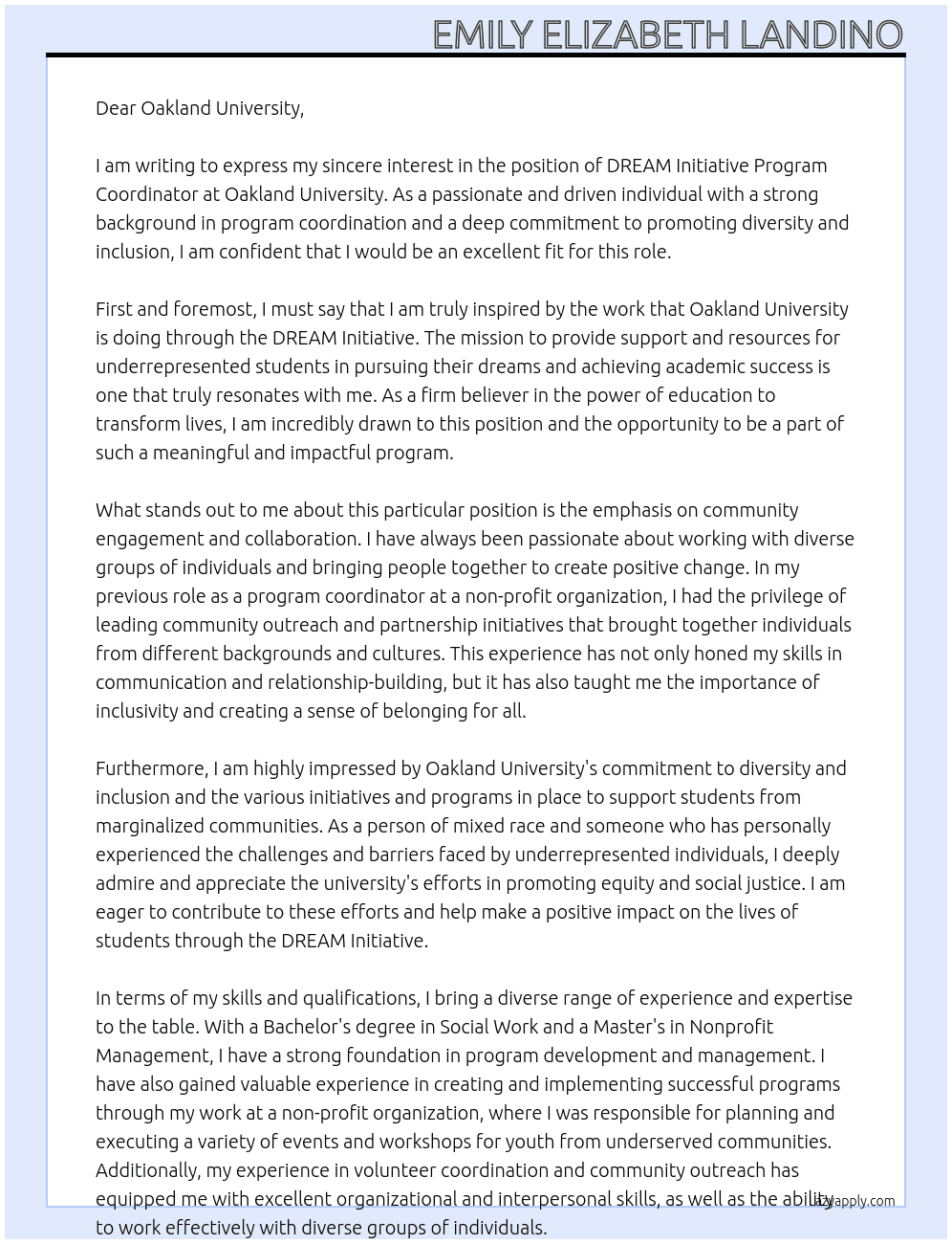 DREAM Initiative Program Coordinator At Oakland University Cover Letter