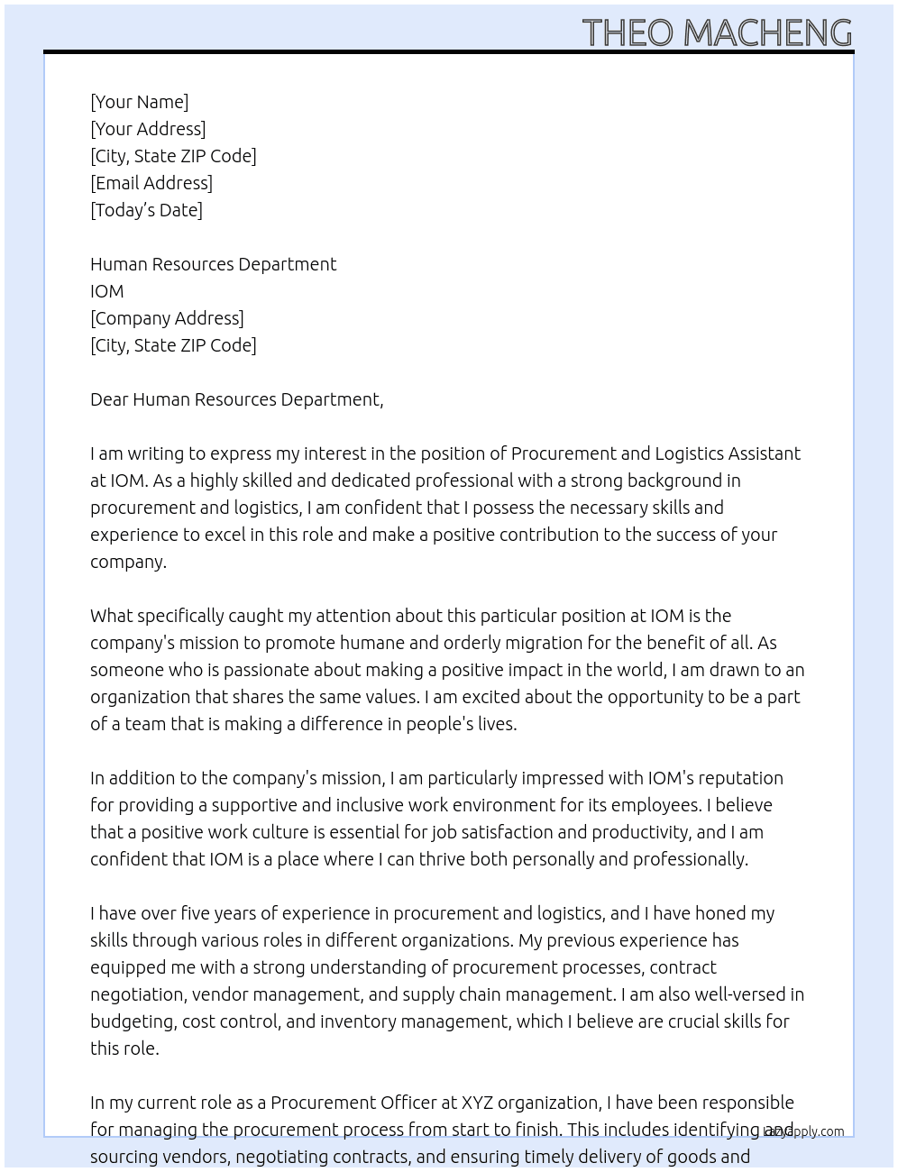 procurement and logistics assistant At IOM Cover Letter