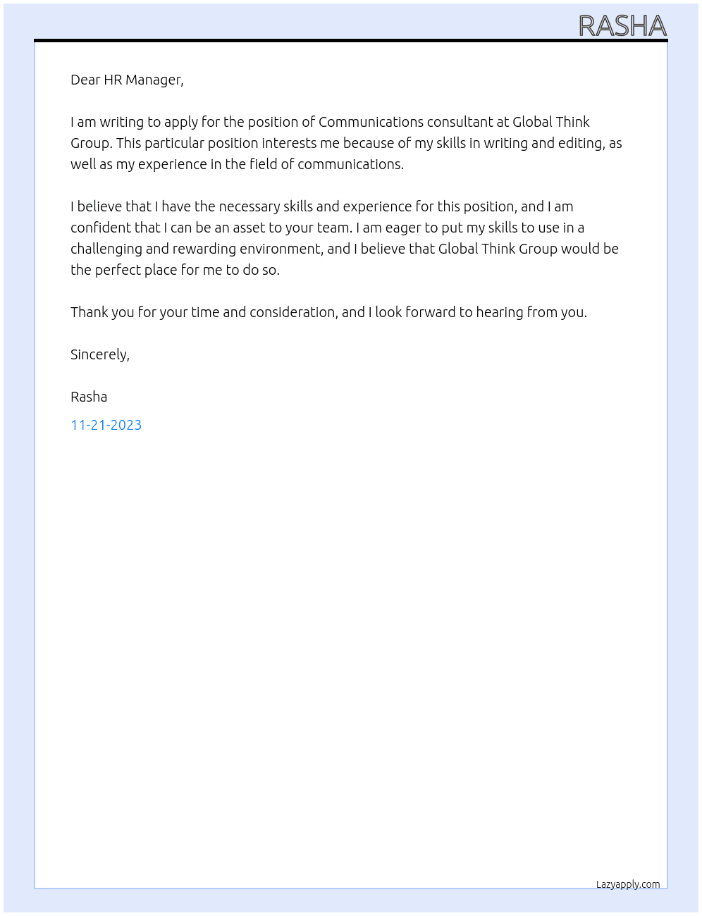 Communications consultant At Global Think Group Cover Letter