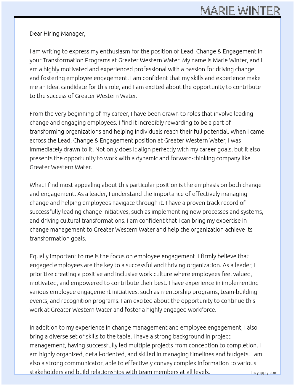 Lead, Change & Engagement, Transformation Programs At Greater Western Water Cover Letter