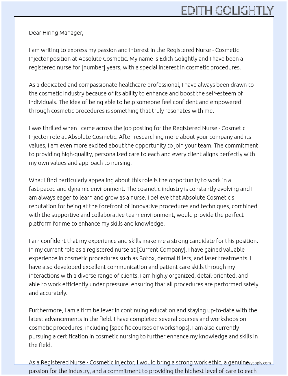 Registered nurse - Cosmetic injector At Absolute cosmetic Cover Letter