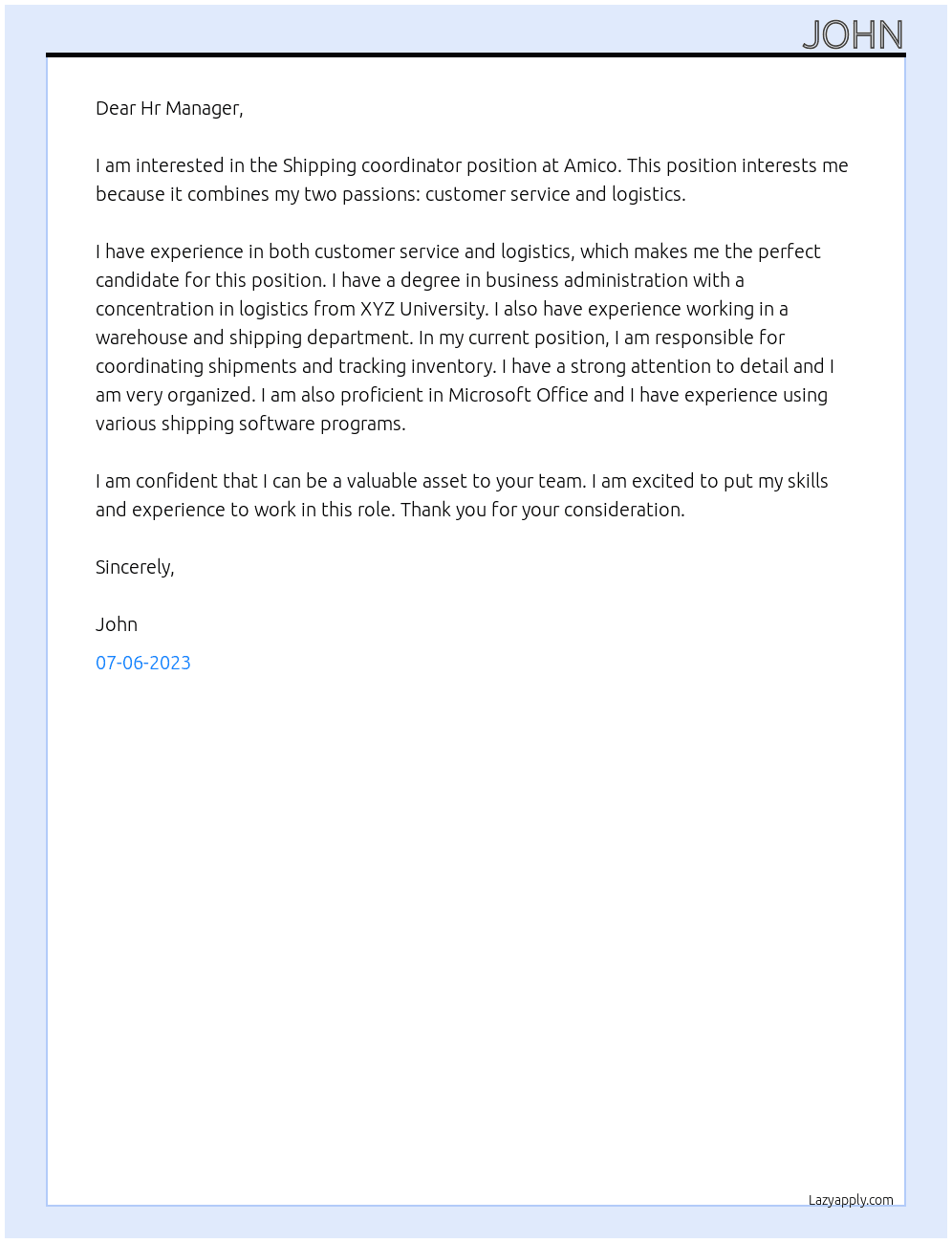 Shipping coordinator At Amico Cover Letter