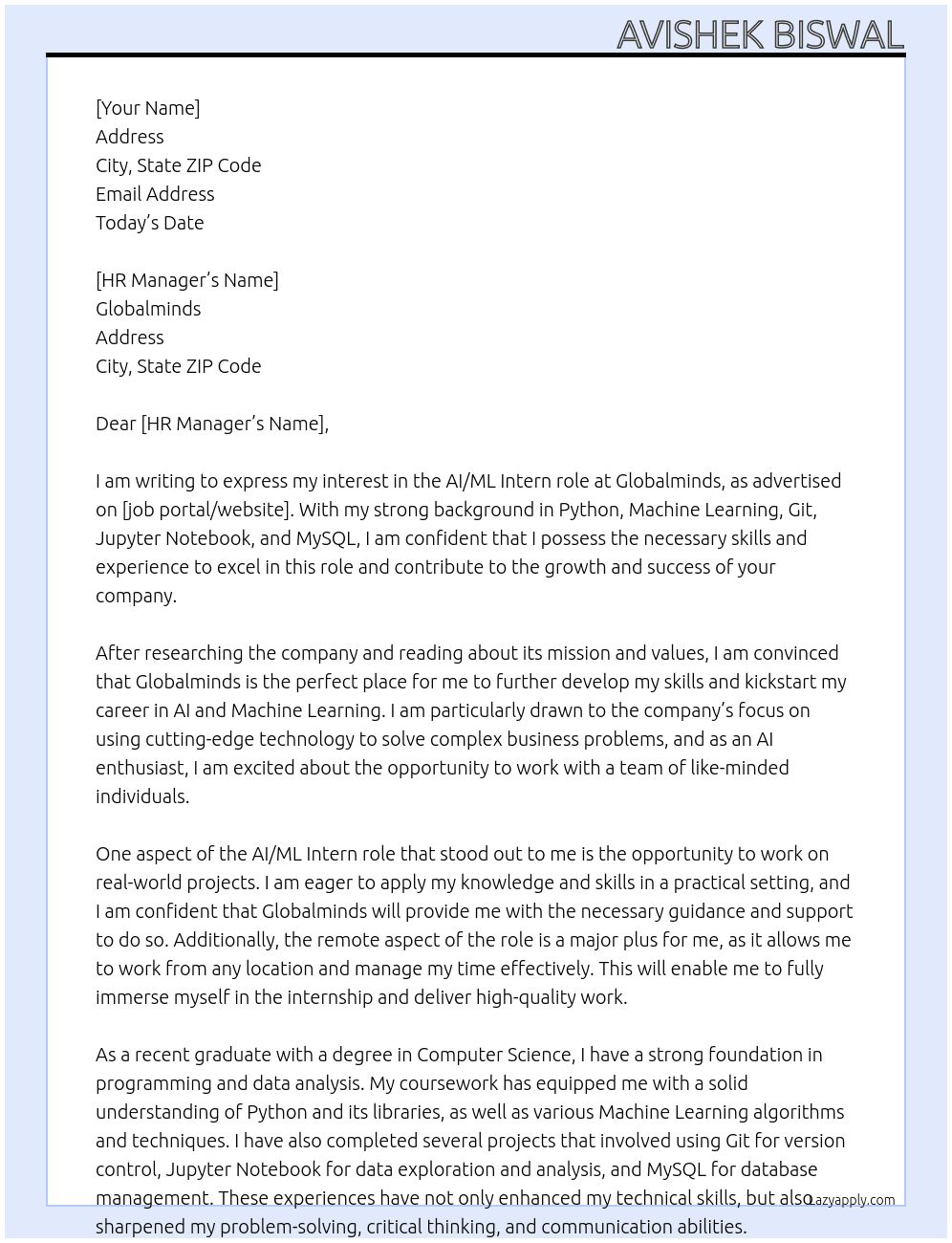 AI Intern At GLOBALMINDS Cover Letter