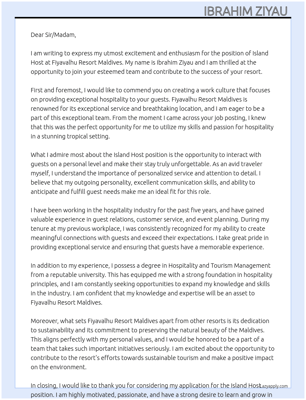 ISLAND HOST  At Fiyavalhu Resort Maldives Cover Letter