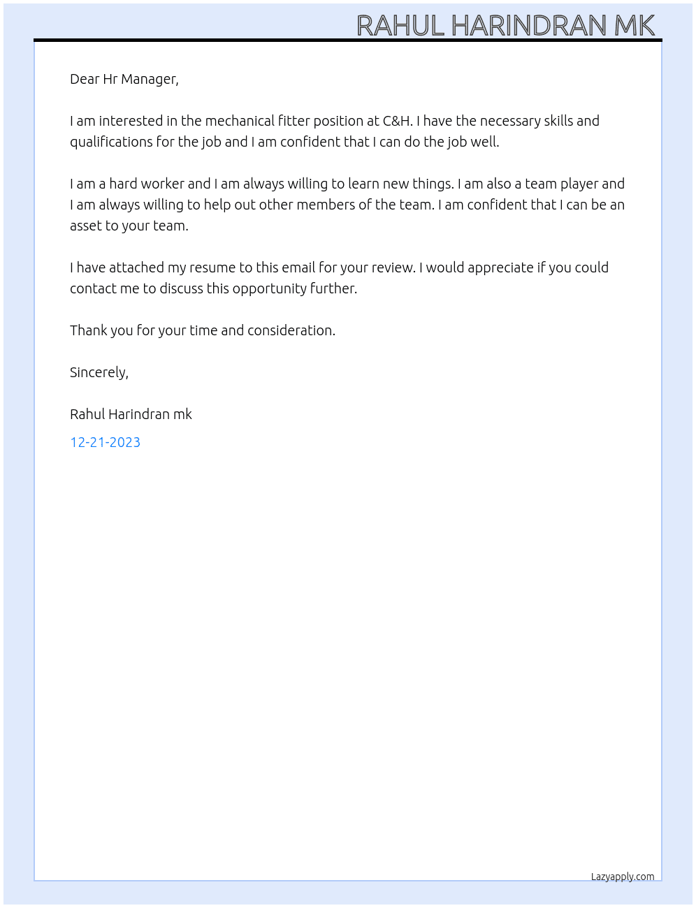 Mechanical fitter At C&H Cover Letter