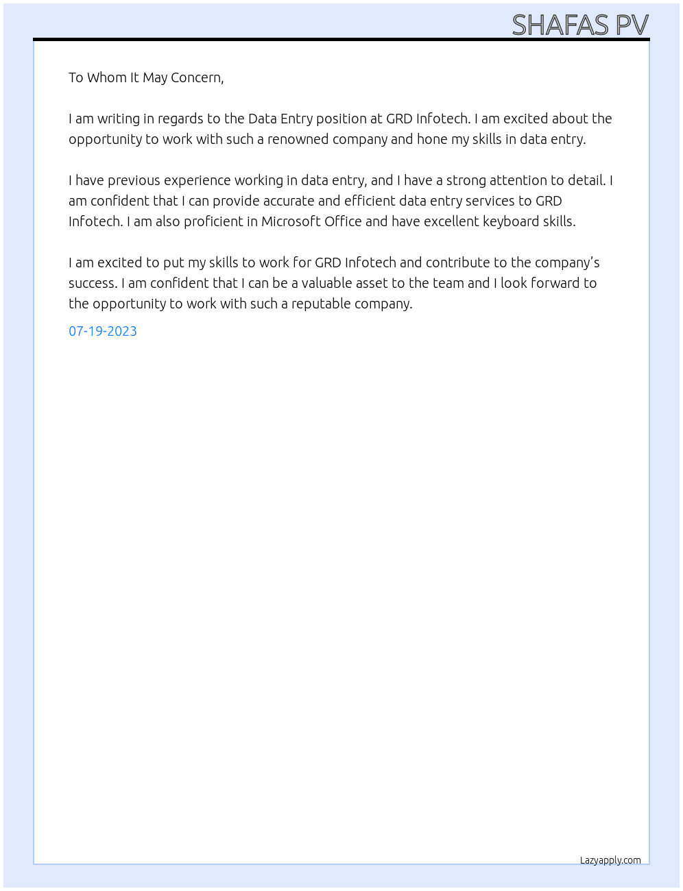 Data Entry At GRD Infotech Cover Letter