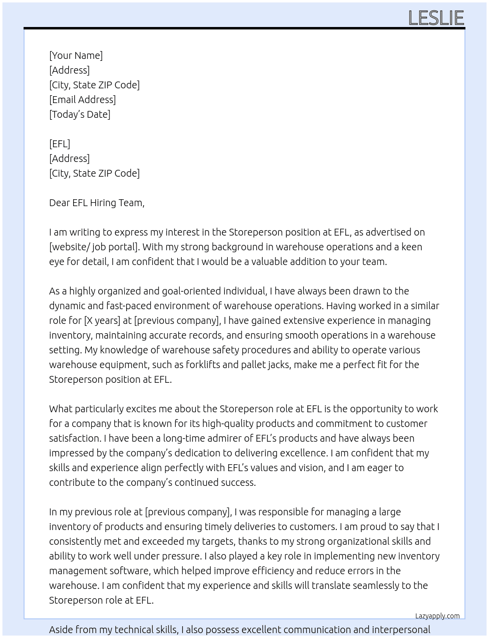 storeperson At EFL Cover Letter
