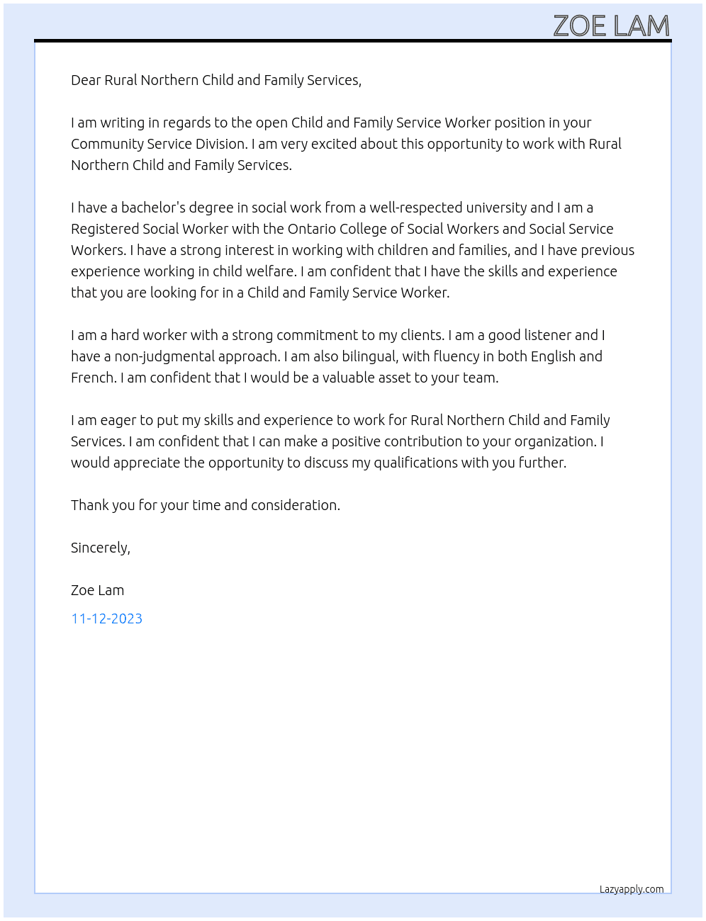 Child and family service worker At Rural Northern Child and Family Services, Community Service Division Cover Letter