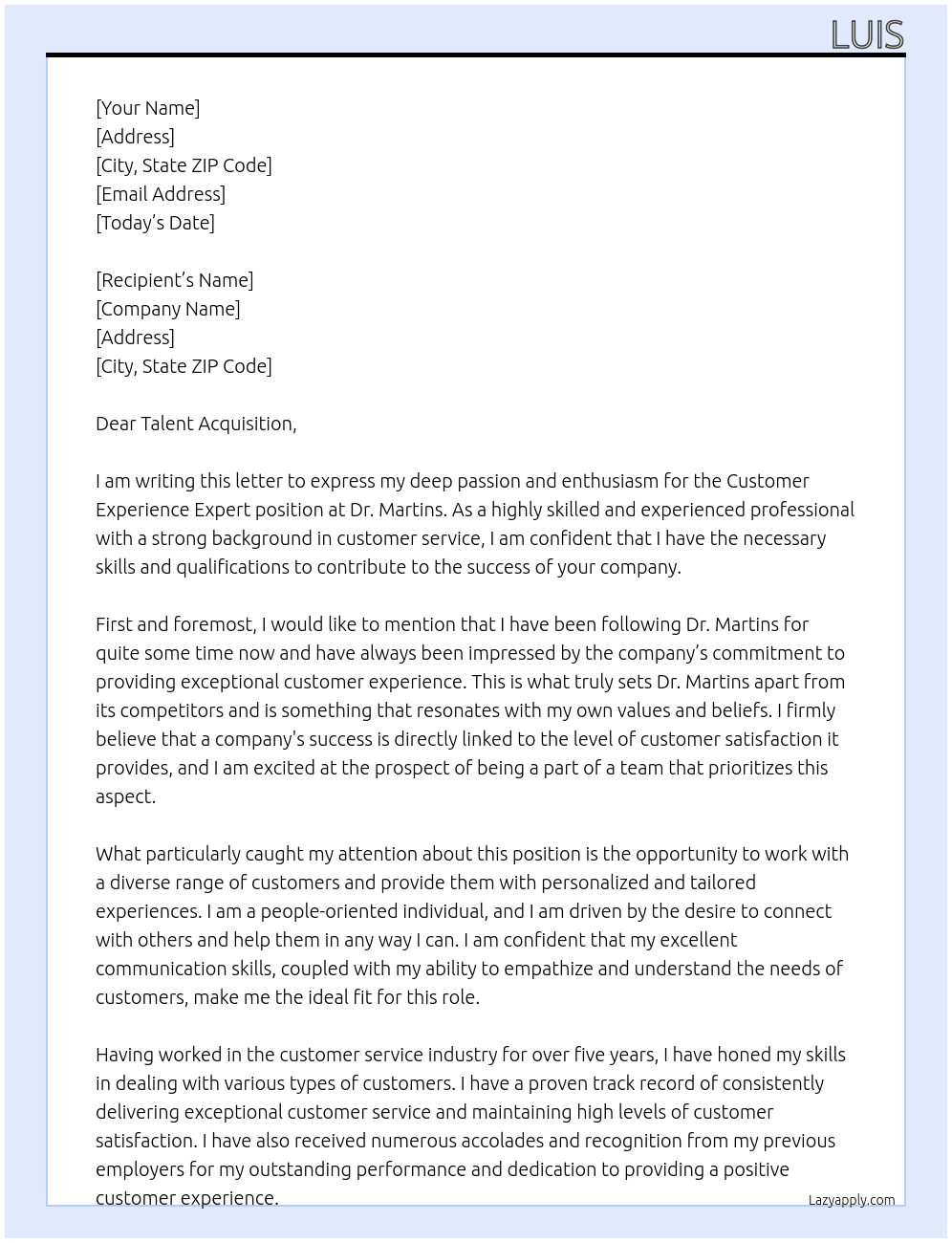 Customer Experience Expert At Dr.Martins Cover Letter