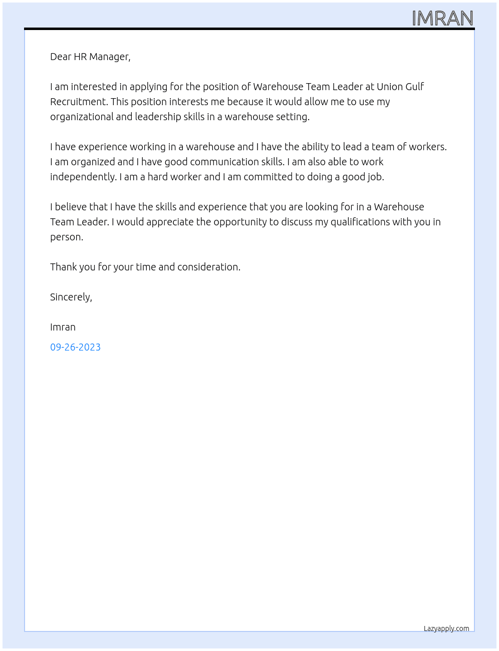 WAREHOUSE TEAM LEADER At UNION GULF RECRUITMENT Cover Letter