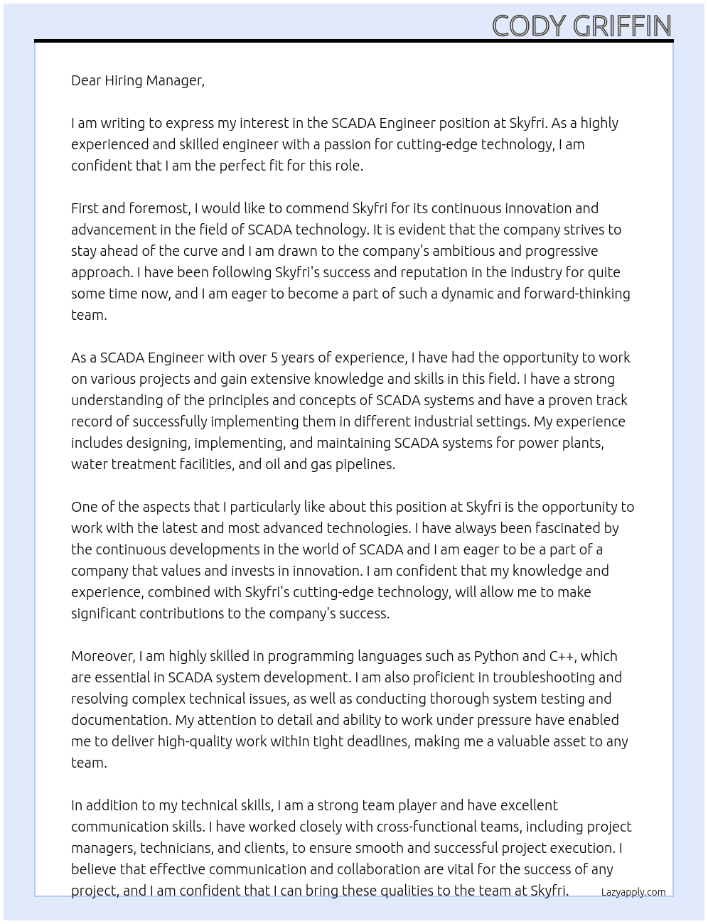 SCADA Engineer At Skyfri Cover Letter