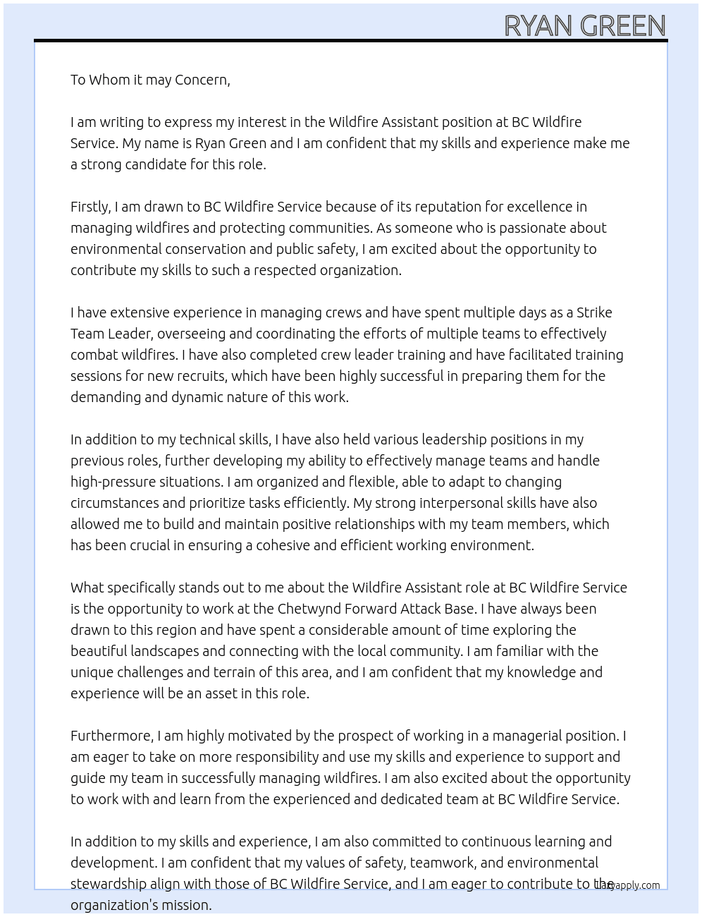 Wildfire Assistant  At BC Wildfire Service Cover Letter