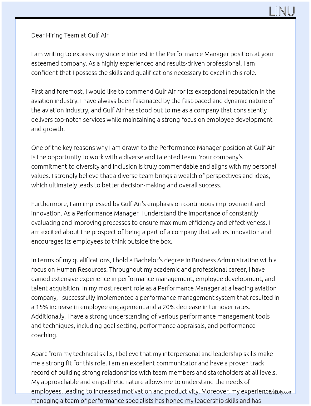 performance manager At gulf air Cover Letter