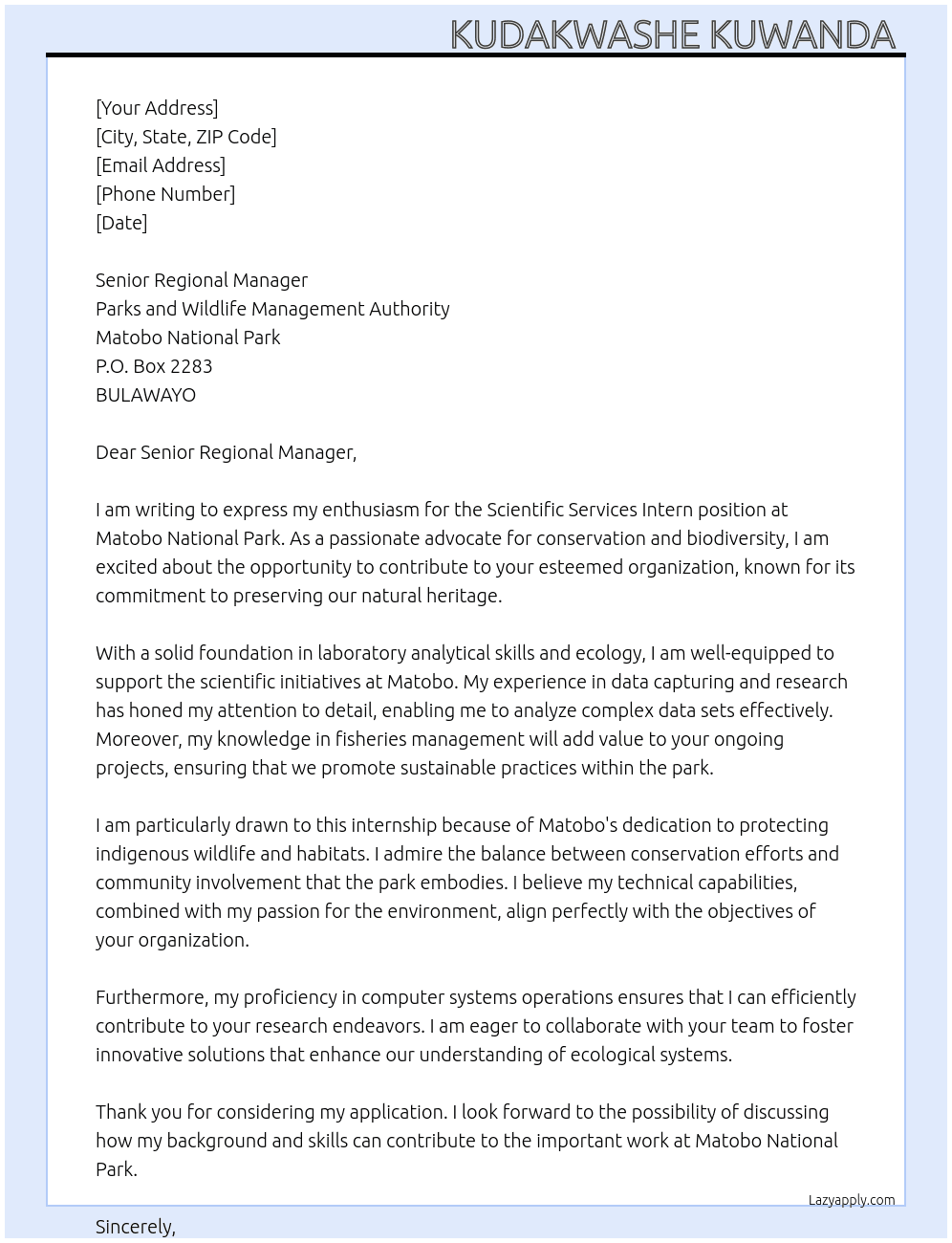 Cover letter for scientific services intern - LazyApply