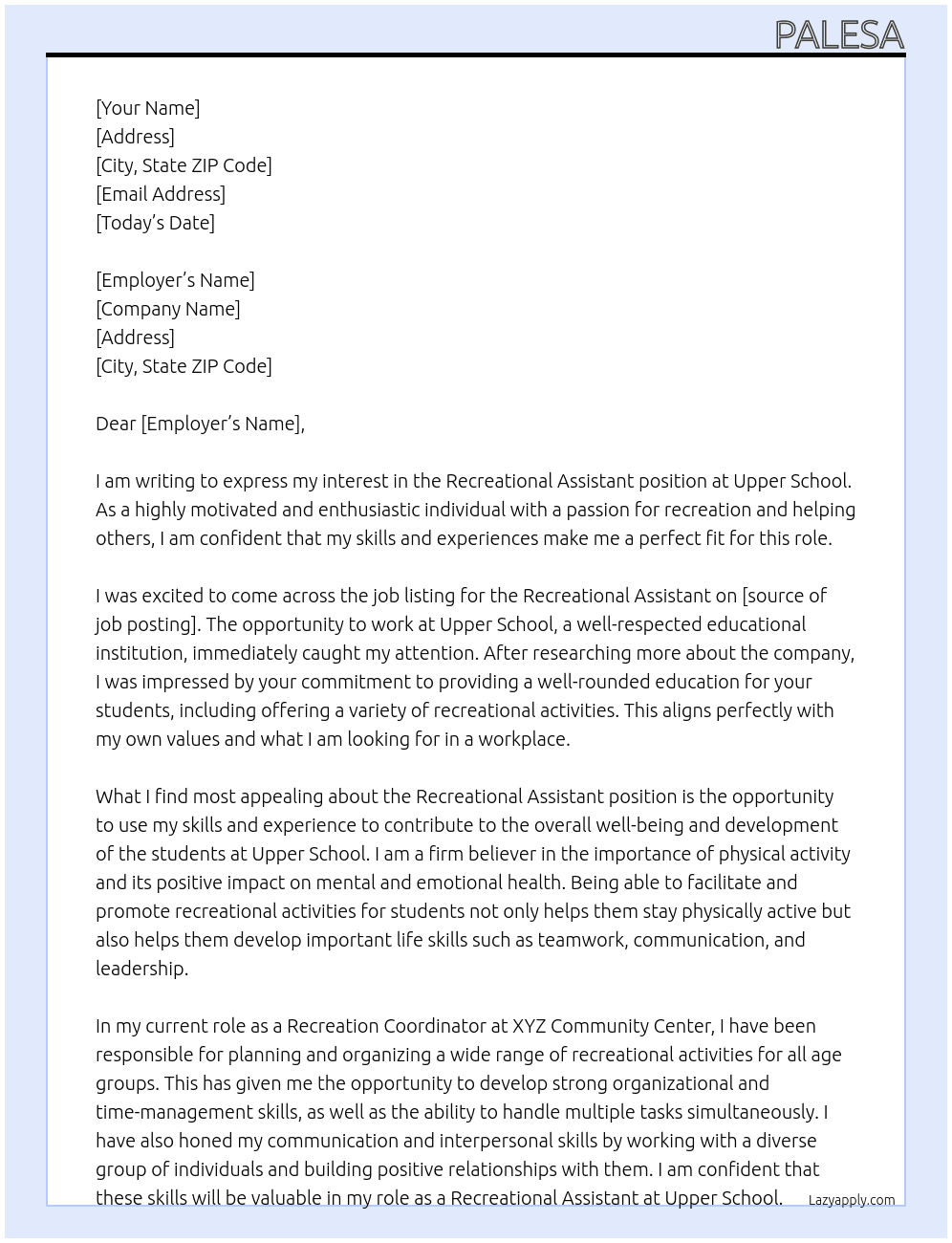 Recreational Assistant At upper school Cover Letter