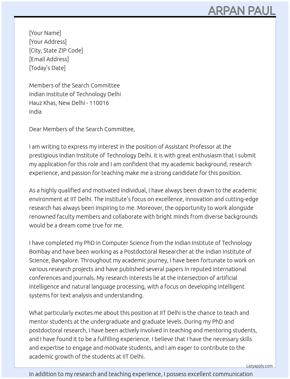 Assistant Professor  At Indian Institute of Technology Delhi  Cover Letter