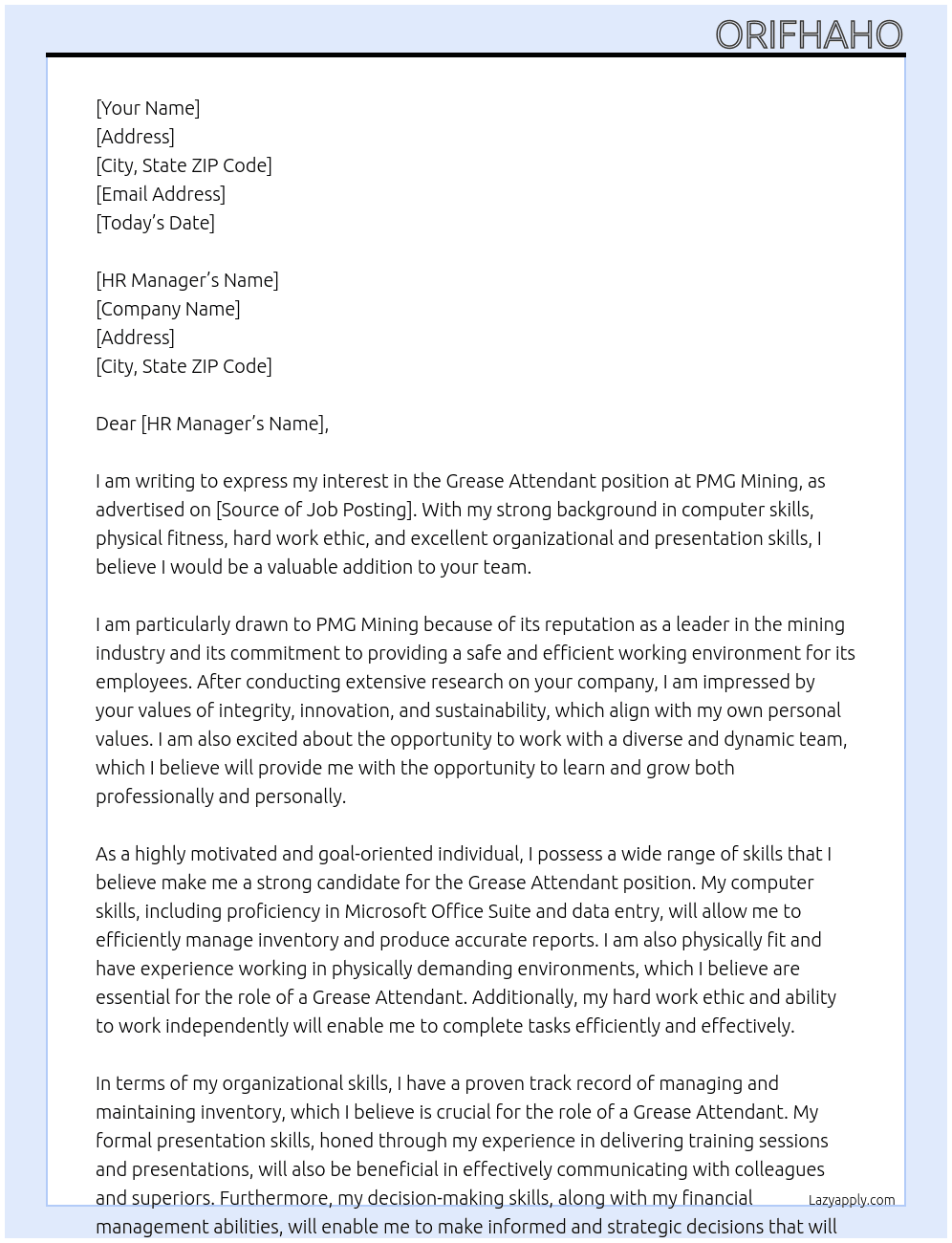 Grease Attendant At PMG Mining Cover Letter