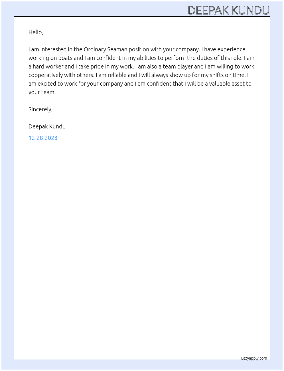 ORDINERY SEAMAN At ORDINERY SEAMAN Cover Letter