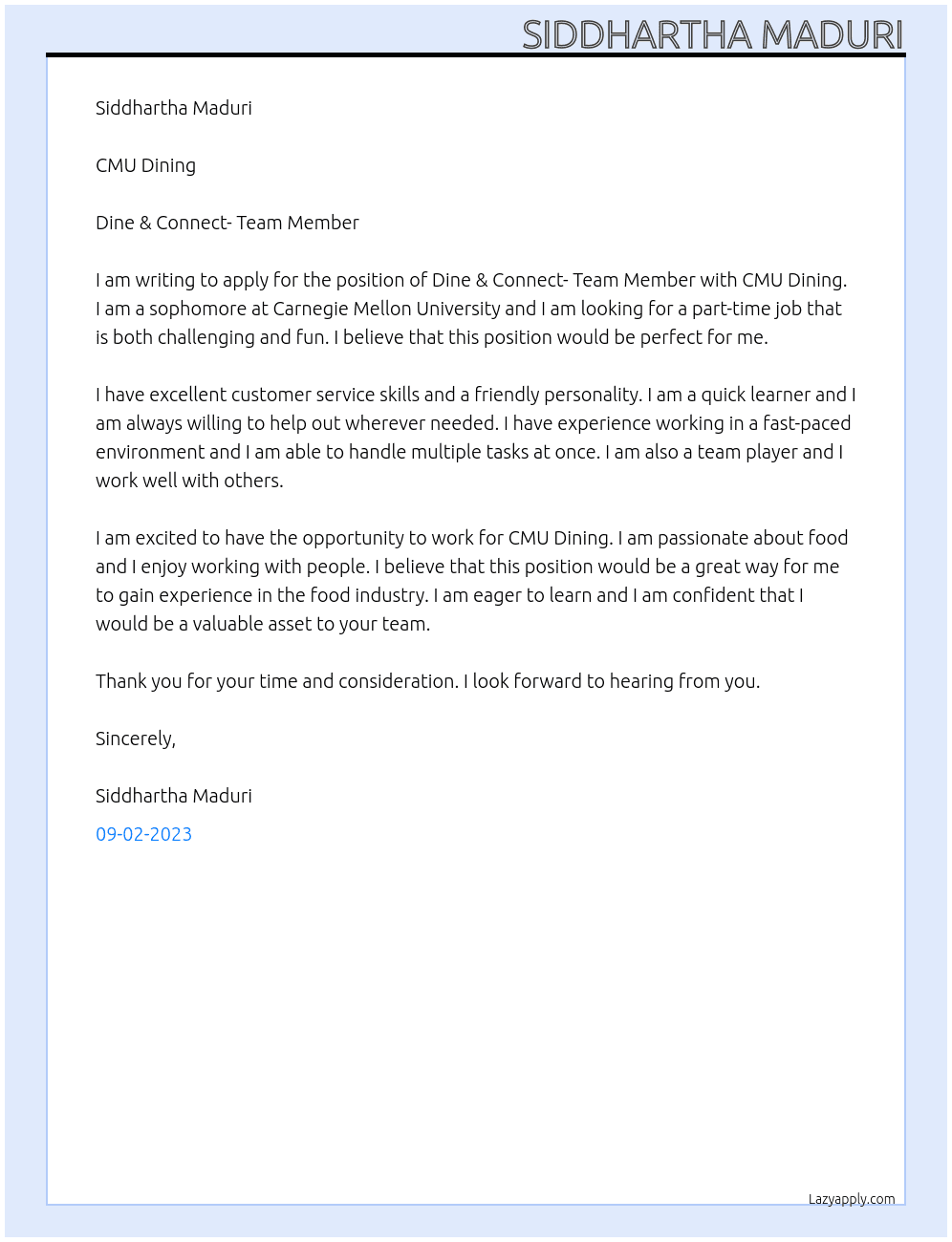 Dine & Connect- Team Member At CMU Dining Cover Letter