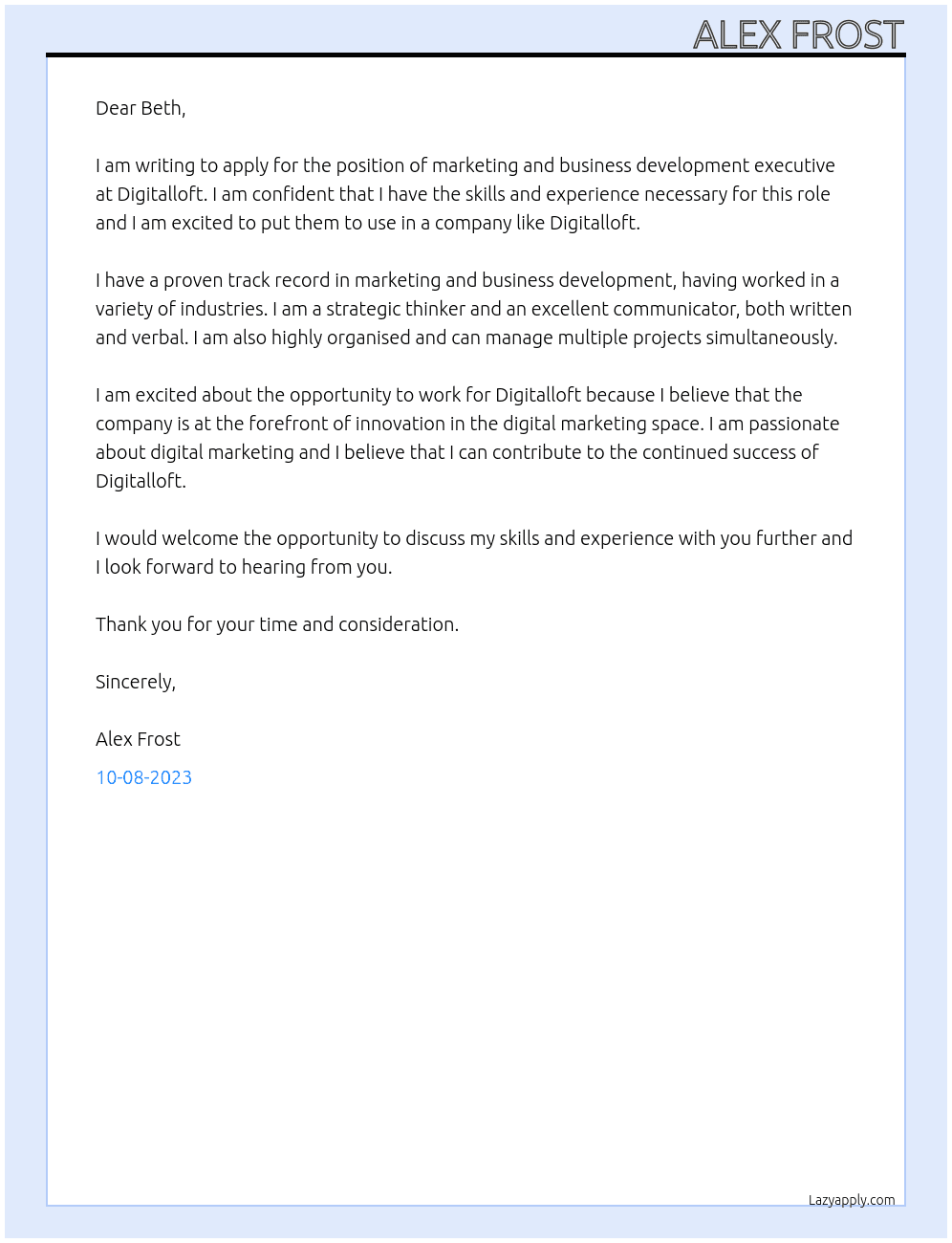 marketing and business development executive At Digitalloft Cover Letter