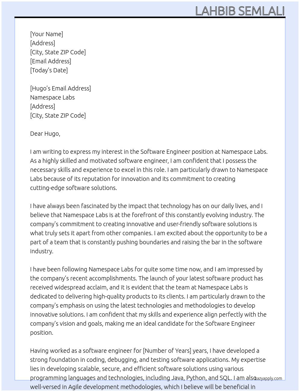 software engineer At namespace labs Cover Letter
