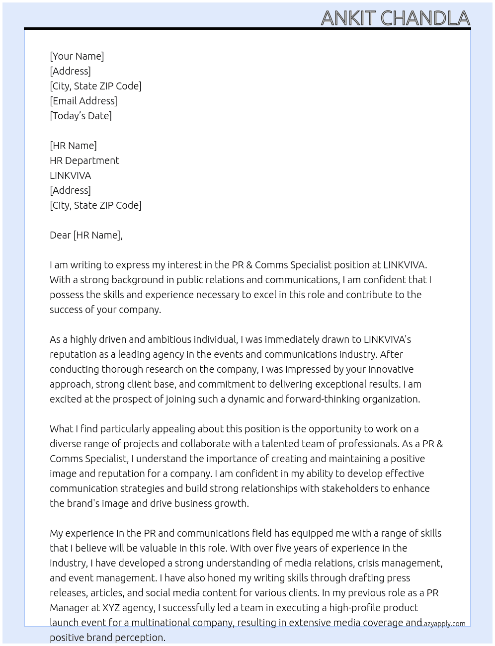 PR & Comms Specialist At LINKVIVA Cover Letter