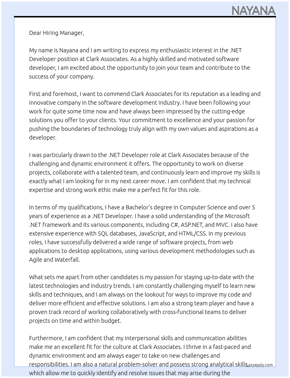 .net developer At Clark Associate Cover Letter