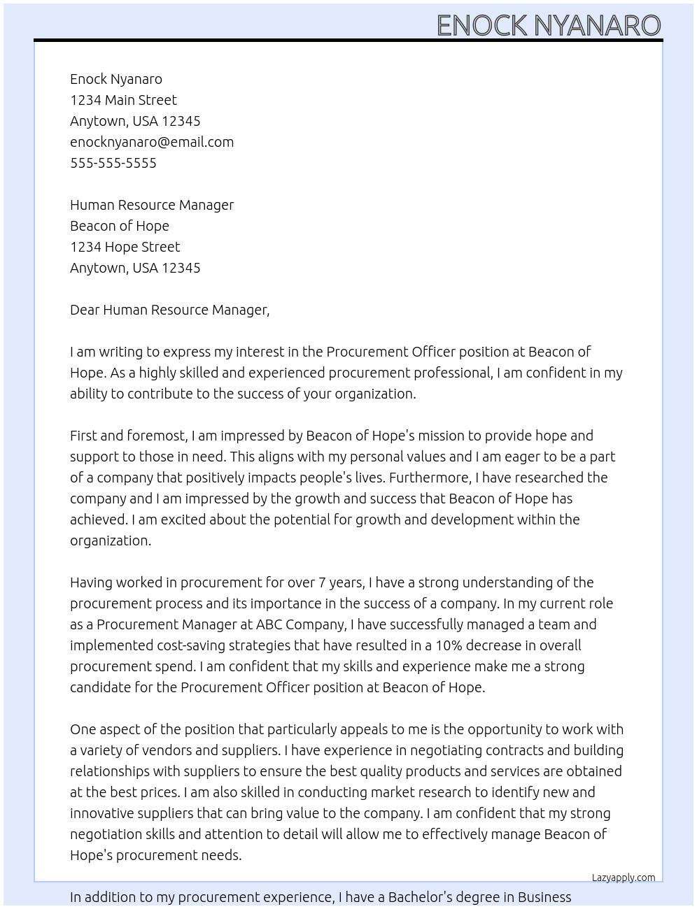 Procurement Officer At Beacon of Hope Cover Letter