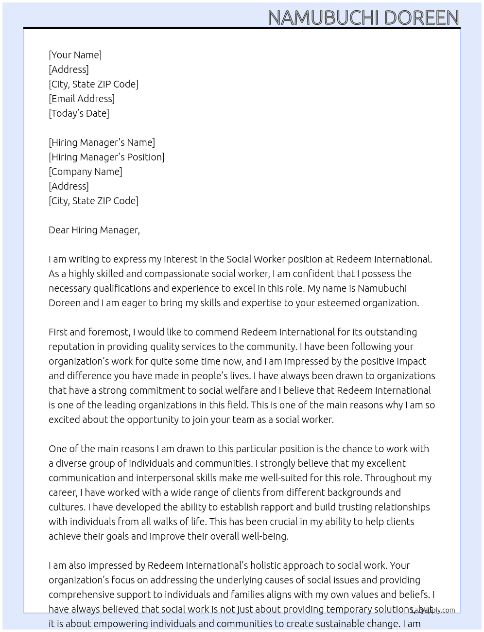 Social worker At Redeem International Cover Letter
