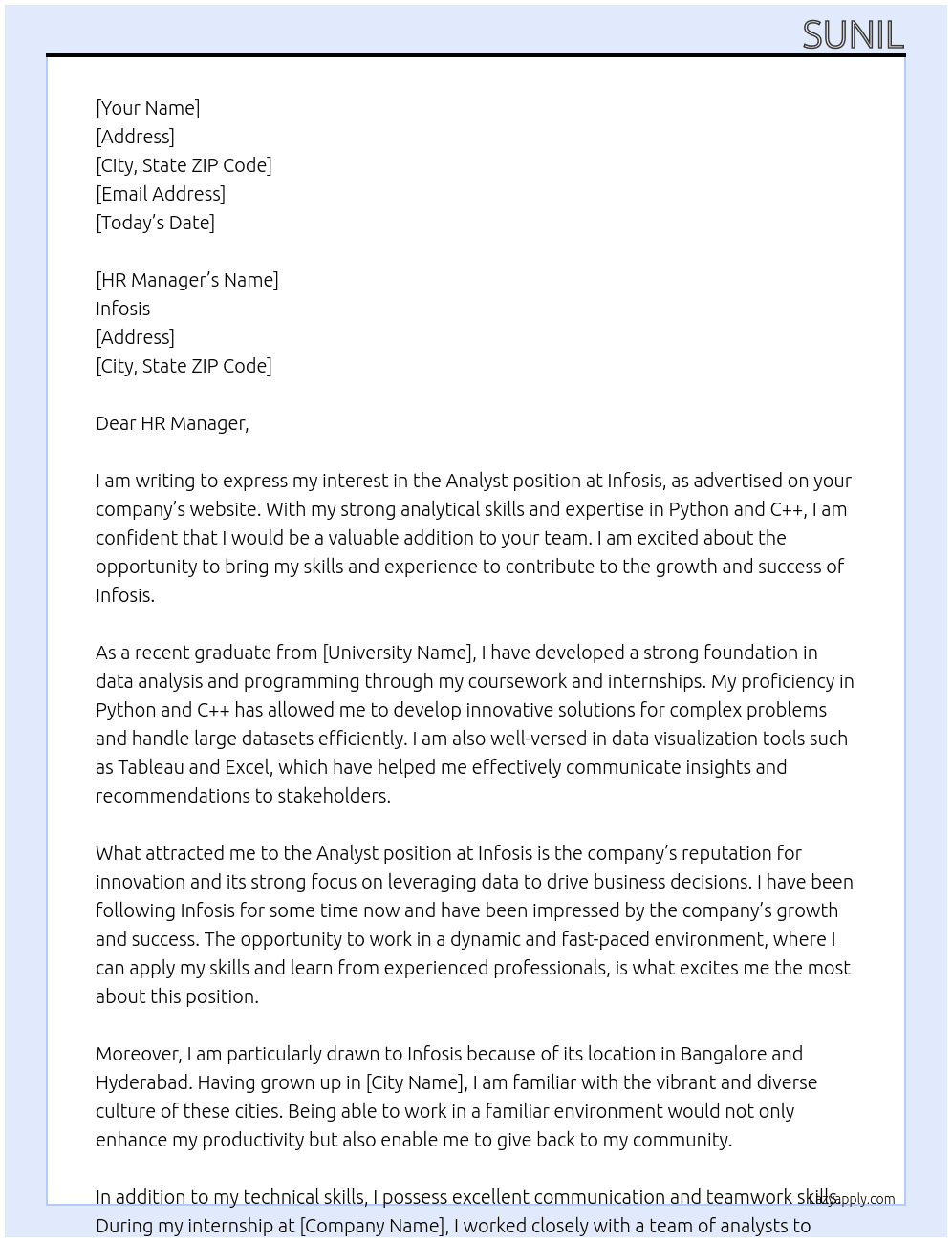 Analyst At Infosis Cover Letter