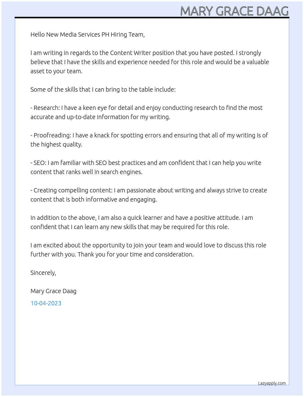 Content Writer At New Media Services PH Cover Letter