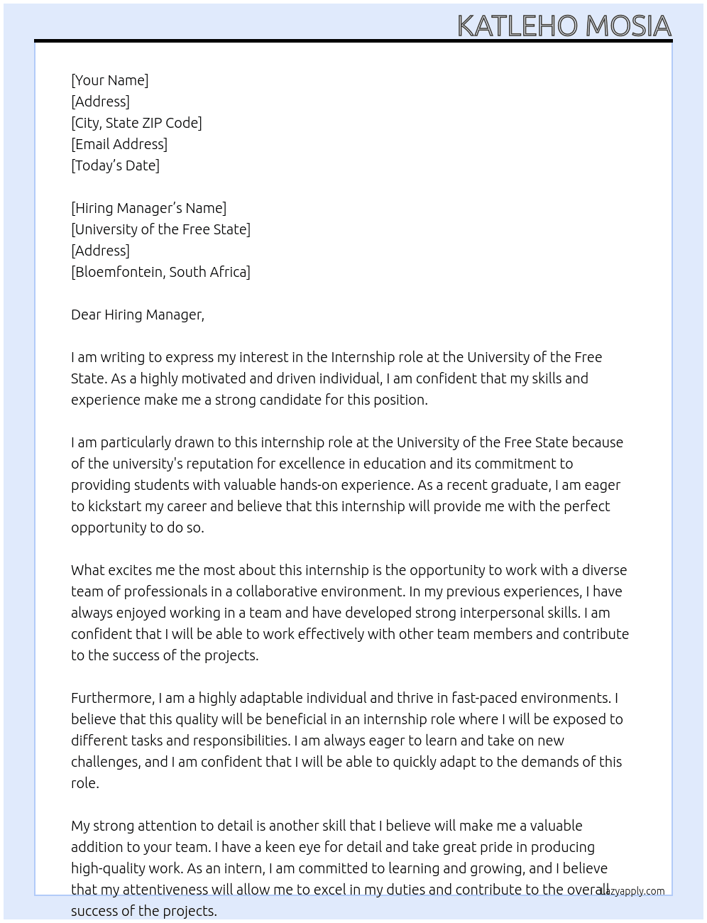 Intern At University of the Free State Cover Letter