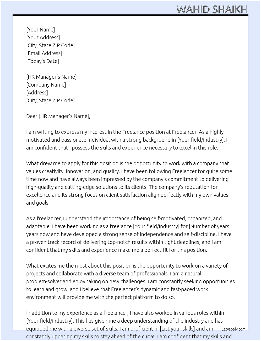 Freelance  At Freelancer Cover Letter