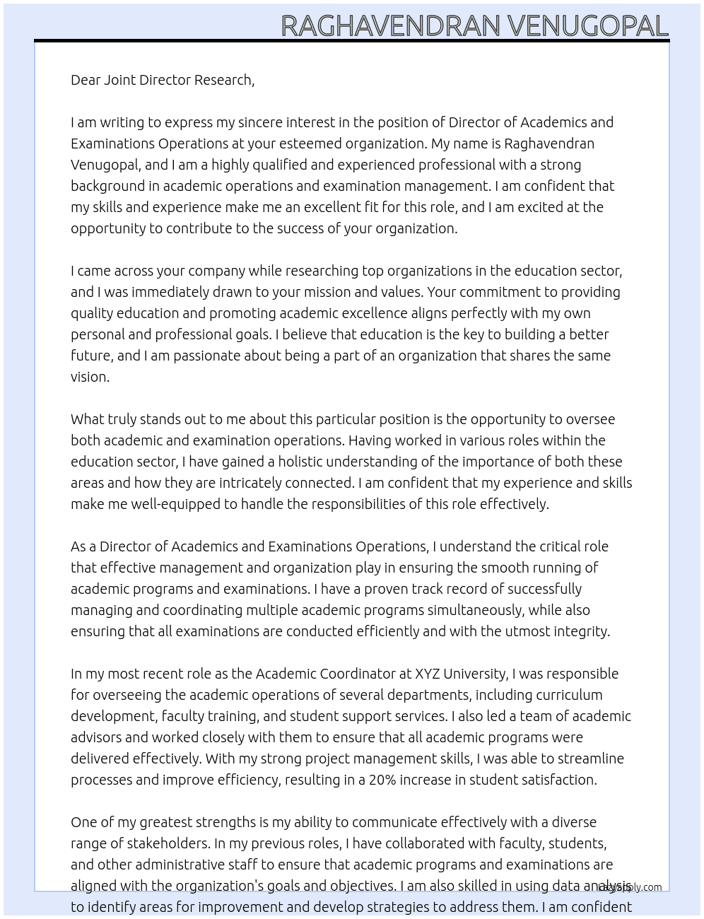 Cover letter for director of academics and examinations operations - LazyApply