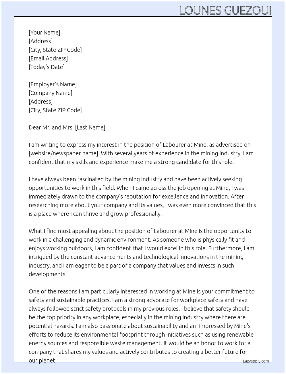 Labourer in mine  At Mine  Cover Letter