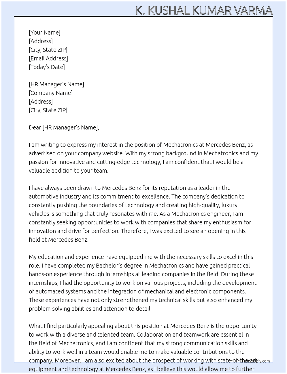 Mechatronics At Mercedes Benz Cover Letter