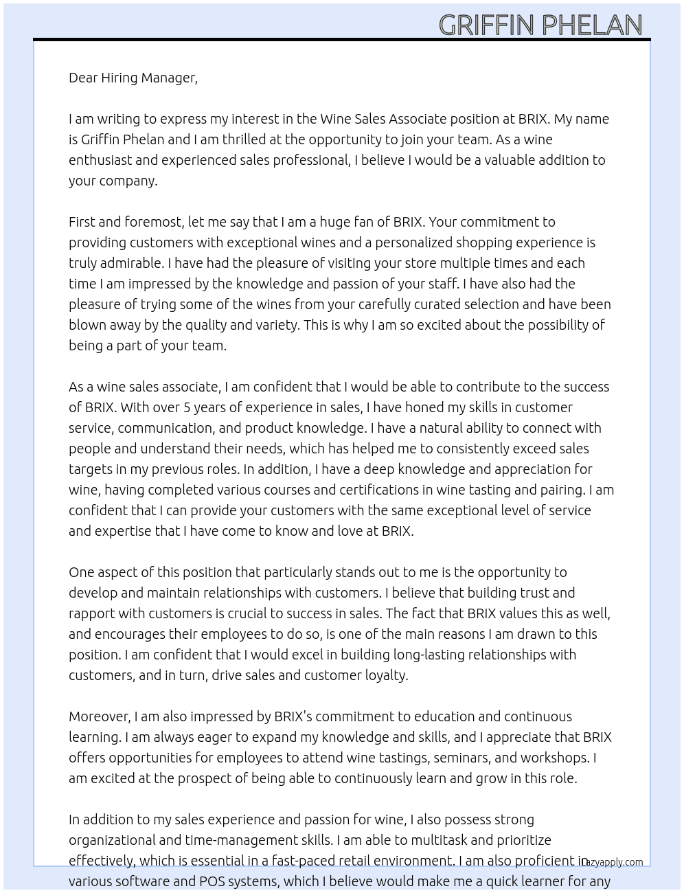 Wine Sales Associate  At BRIX Cover Letter
