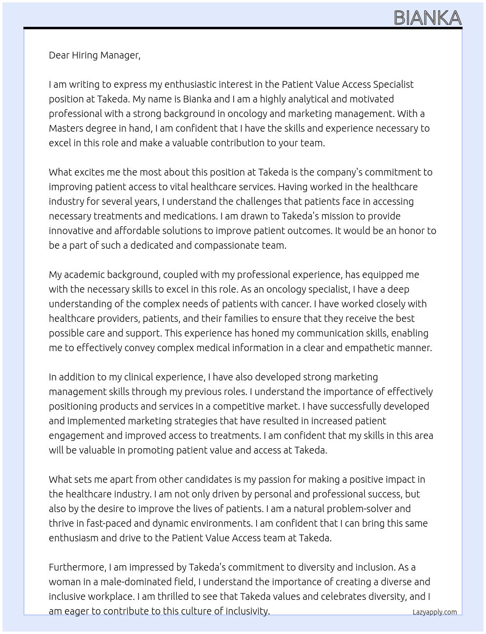 patient value access specialist At Takeda Cover Letter