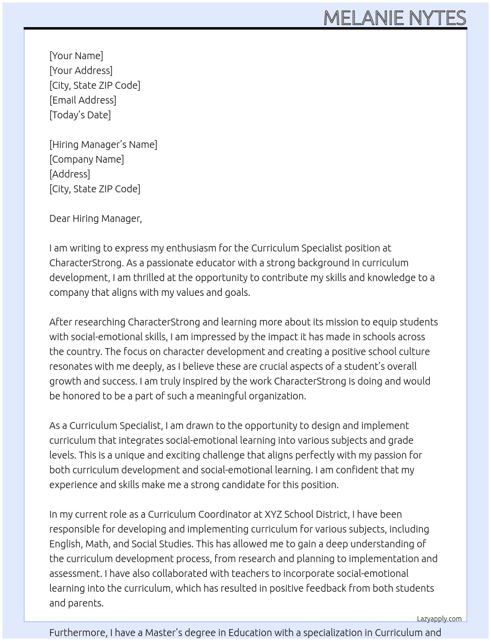 Curriculum Specialist At CharacterStrong Cover Letter