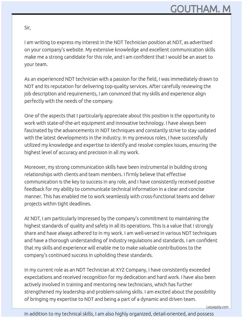 NDT technician At NDT Cover Letter