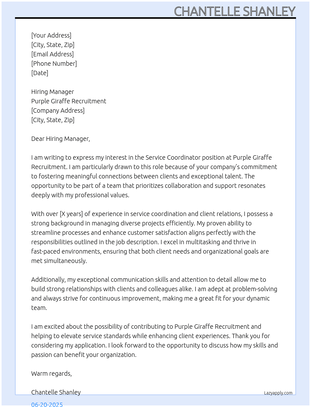 Service Coordinator At Purple Giraffe Recruitment Cover Letter