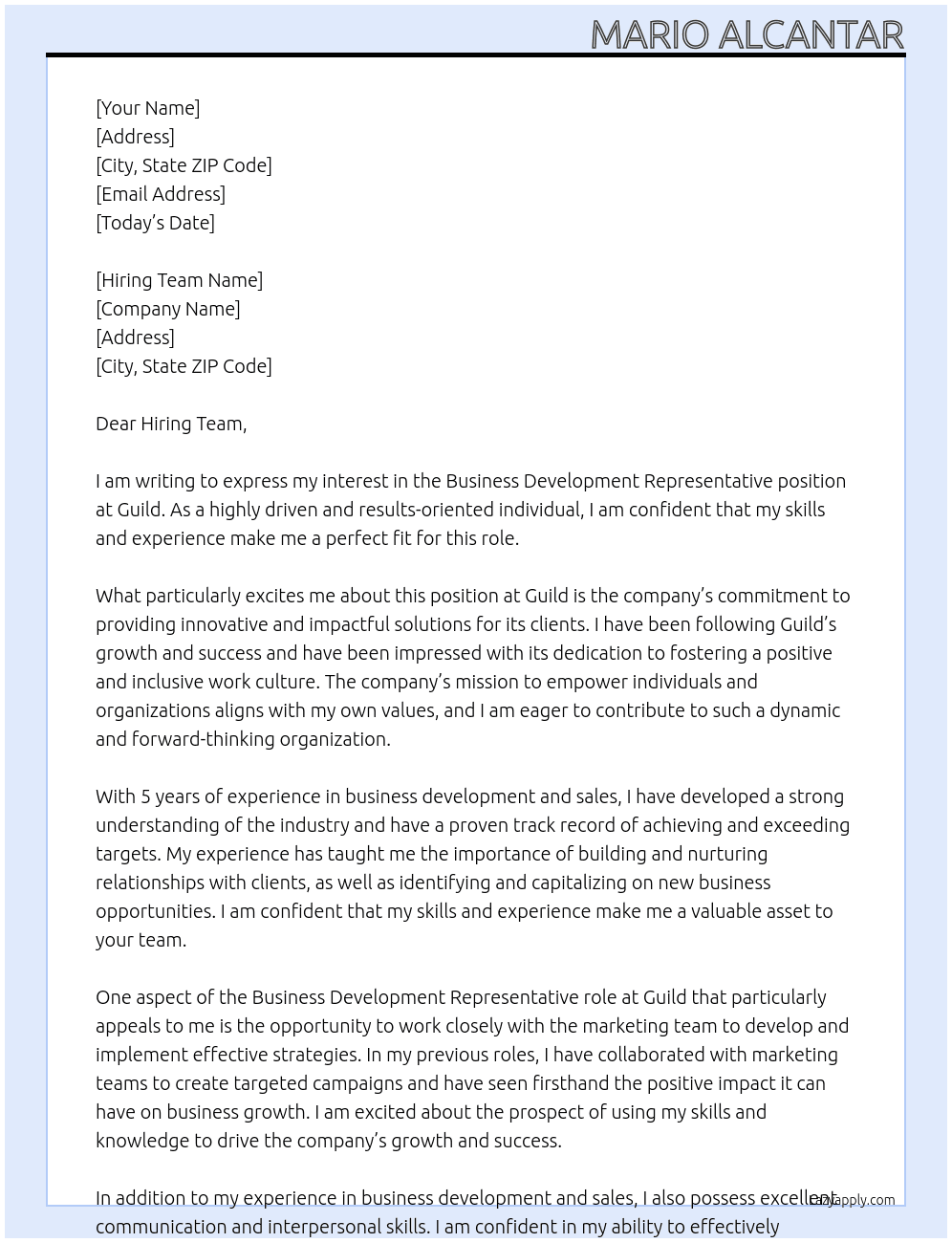 Business Development Representative  At Guild Cover Letter