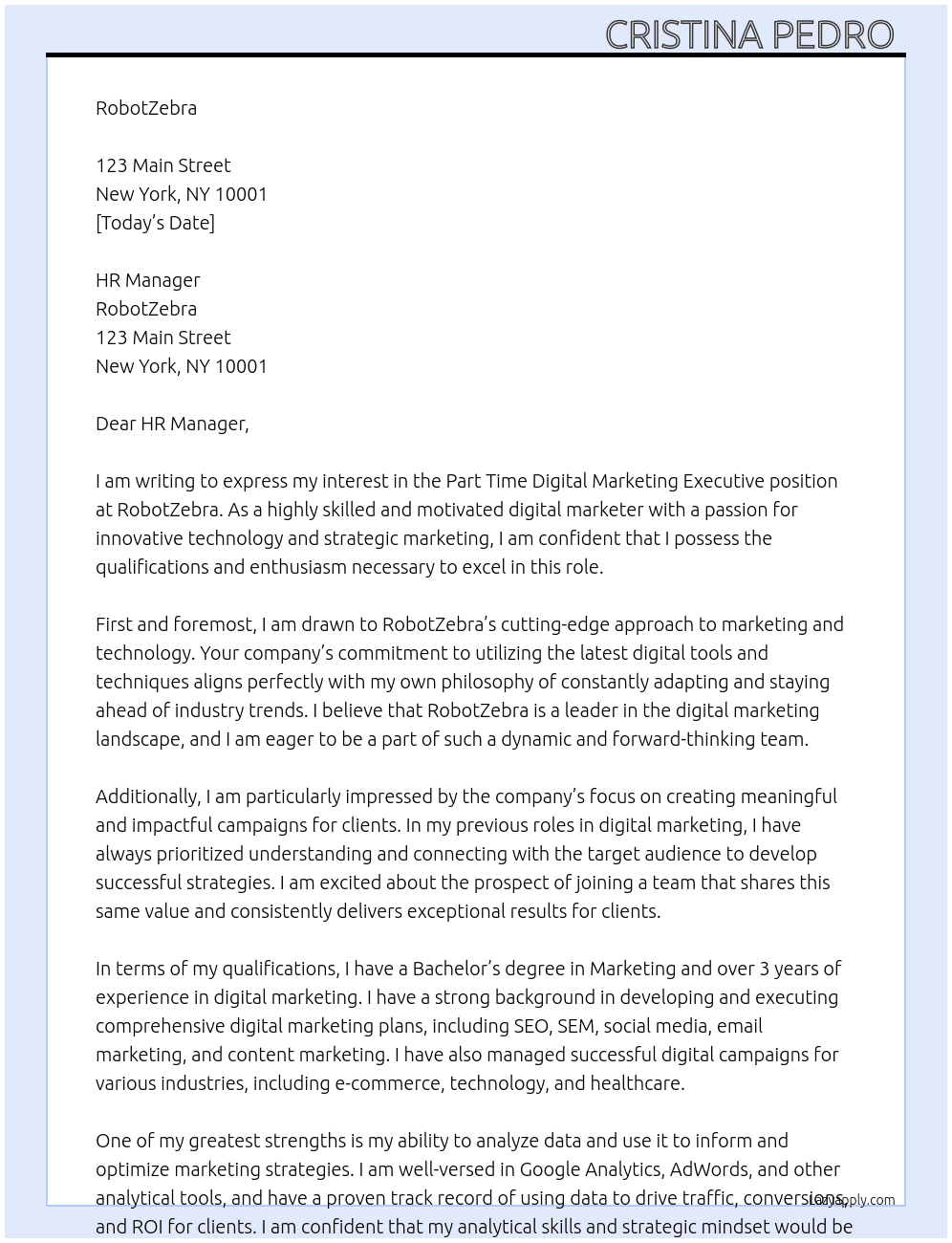 Part Time Digital Marketing Executive At RobotZebra  Cover Letter