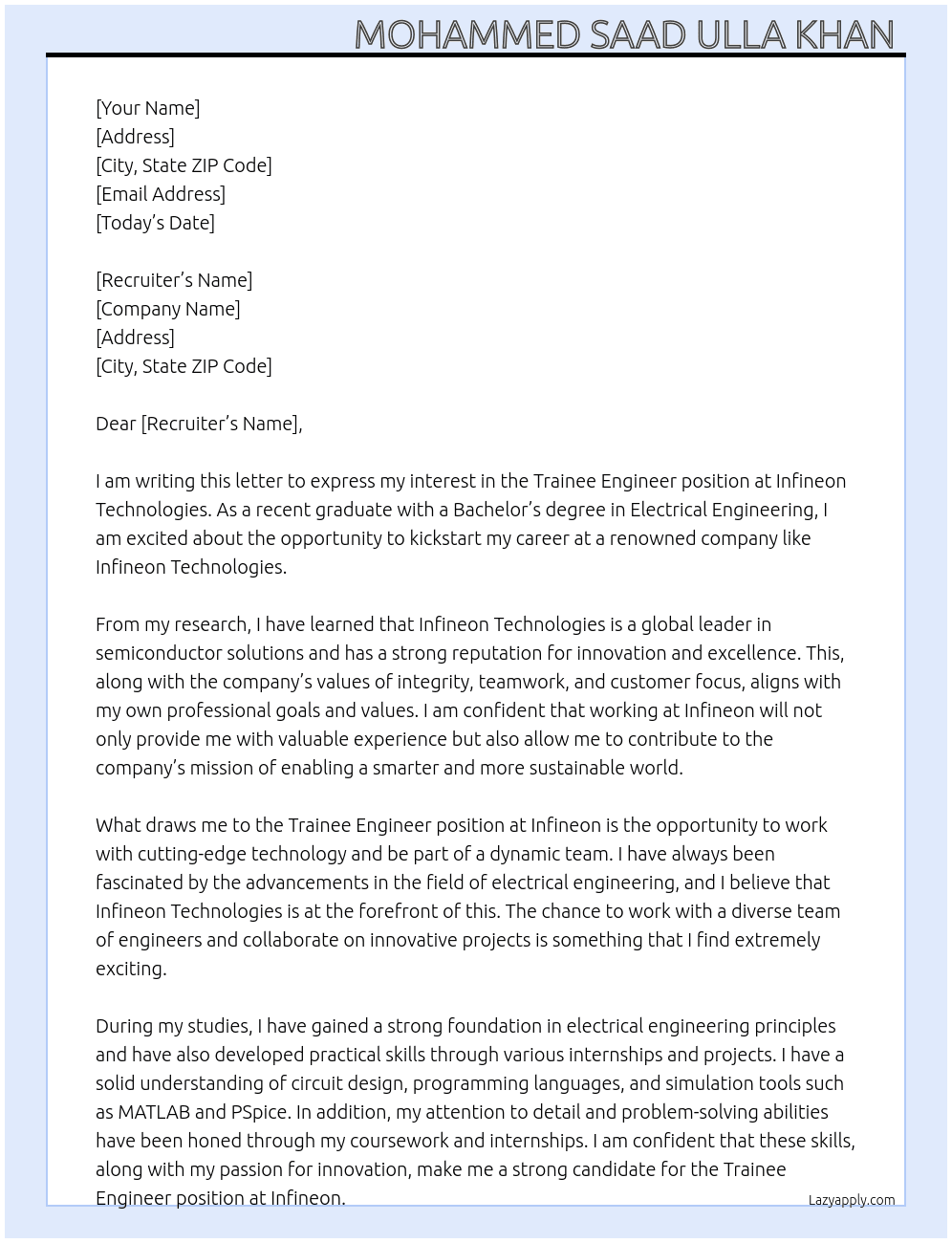 Trainee Engineer  At Infineon technologies Cover Letter